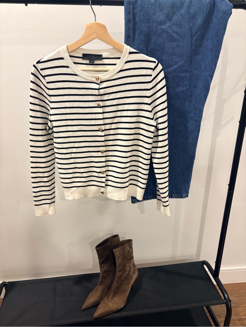 Zara Black & White Striped Crewneck Cardigan with Gold Buttons Sz Medium